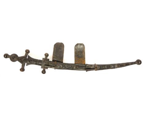 Sudanese dagger and sword combination set, with tooled leather scabbard and mounts, with 25inch main curved blade with decora