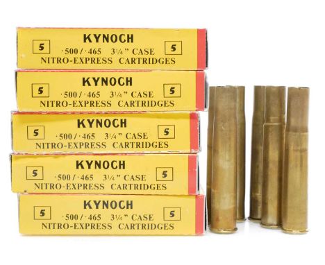 Kynoch .500 / .465 3 1.4inch case ammunition, 25 rounds together with five empty cases showing Boxer primer pockets. UK FIREA