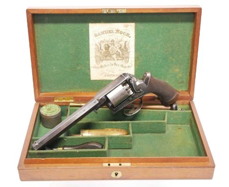 Cased Samuel Nock percussion 54 bore revolver, serial number 30574, 6.5inch sighted octagonal barrel, the top strap engraved 