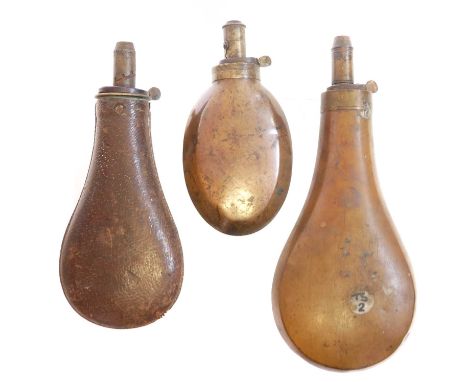 Two copper and brass powder flasks and a leather covered flask stamped James Dixon and Sons.