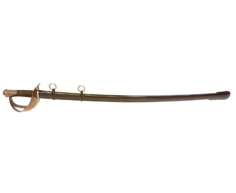 Italian model 1860 heavy cavalry trooper's sabre and scabbard, with fullered blade, stamped RF on the ricasso but otherwise u