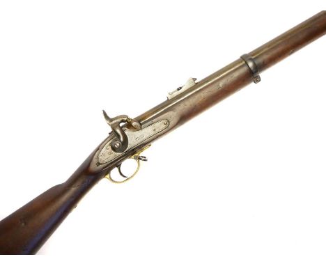 P53 percussion three band .577 musket by Barnett London, 39 inch barrel with three groove rifling,  fitted with folding ladde