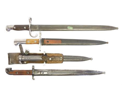 Four bayonets and scabbards, to include a Swedish M.1914 bayonet and scabbard, stamped EJ AB between an anchor, Swedish M.189