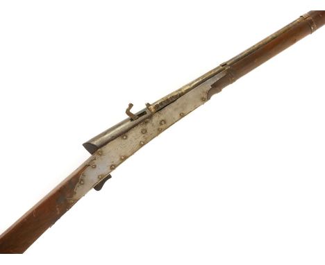 Indian 18 bore matchlock musket, 25inch sighted barrel with flaring muzzle secured by four bands, the stock stamped 1904. P53