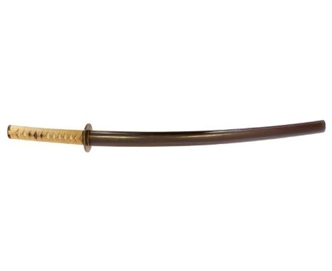 Japanese Wakizashi, 54cm cutting edge, 10mm sori, Notare hamon, signed tang with two holes, bronze Tsuba decorated with plant