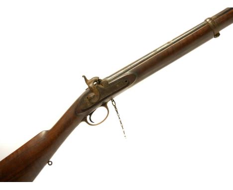 Thomas Turner .451 percussion muzzle loading rifle, 32inch barrel secured by two bands, fitted with a globe front sight, the 