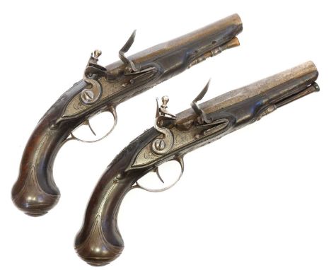 Pair of French 34 bore flintlock travelling pistols by Goyet of Rochefort, five inch Spanish form octagonal to round barrels,