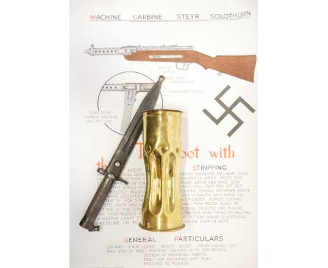 Collection of Militaria, to inlcude a Swedish Mauser 1896 pattern bayonet and scabbard, a trench art shell case, and six repr
