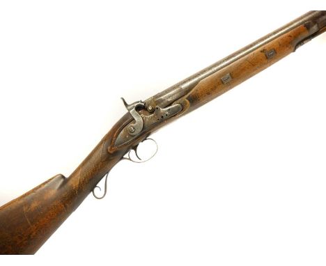 English percussion 8 bore single barrel shotgun, 30 inch barrel convered from flintlock, with gold lined breech engraved with