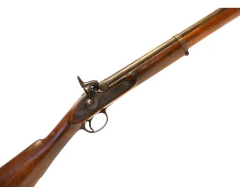 Percussion .577 carbine, 21inch barrel secured by two bands, the lock stamped with a Crown, the  stock fitted with steel furn