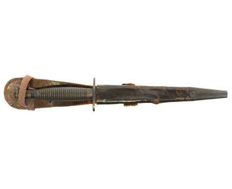 Fairbairn Sykes commando dagger and scabbard, 3rd pattern, WWII era, the double edged blade retaining some original blue, rib