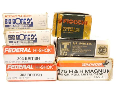 Mixed rifle ammunition, to include 20 x RWS 6.5x54M, 20 x Winchester .375 H&H Magnum, 40 x Federal .303, 38 x Winchester .375