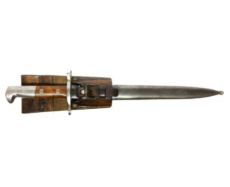 Schmidt Rubin 1899 pattern bayonet, scabbard and leather frog, with 14mm ring diameter, the ricasson stamped with maker Elsen