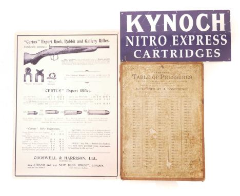 Vintage Table of Pressures for Eley Cartridges sign, also a reproduction enamel Cogswell and Harrison rook rifle signs and a 