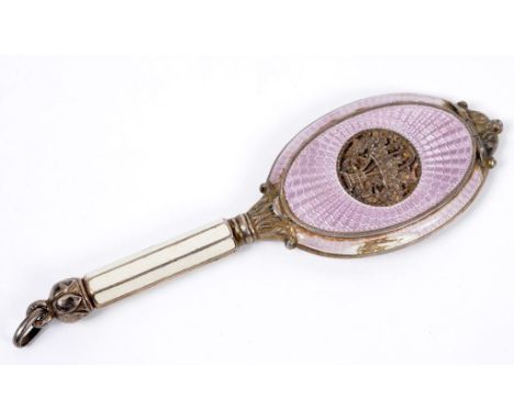 A silver and enamel compact, in the form of a hand mirror, 11 cm  See illustration Report by NG  Patch of enamel loss between
