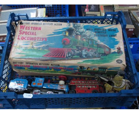 A battery operated tinplate toy Western Special Locomotive by Trade Mark Modern Toys (Japan), together with three other playw