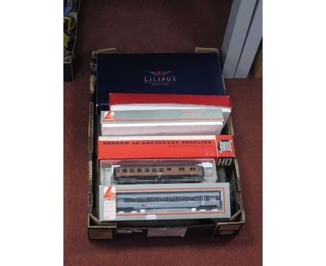 Six 'HO' Gauge Boxed Continental Outline Items of Rolling Stock, consisting of four coaches by Jouef, Lima, and Fleischmann, 
