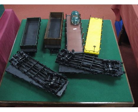 Eight "G" Gauge Items of Bogie Unboxed Rolling Stock, comprising two ore wagons and six post flats (four missing posts) by Ba
