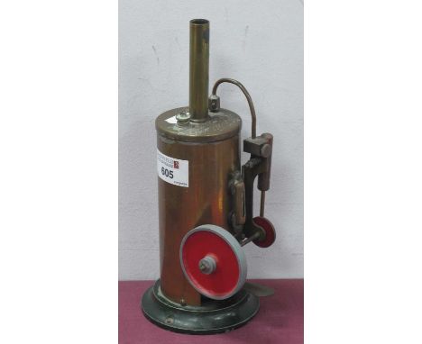 A 1940s Burnac Vulcan Toy Live Steam vertical engine, circular base with single cylinder and 2" flywheel. burner present, sig