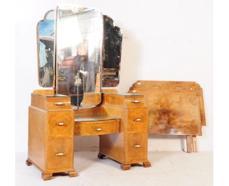 A vintage 20th century Art Deco circa 1930s burr walnut bedroom suite. Comprising of large double wardrobe, with matching sma