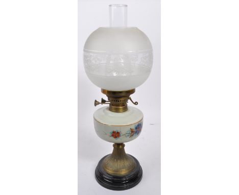 W&amp;S Best - A 20th century cast metal and floral decorated opaline glass duplex oil lamp by W&amp;S Best, England. The res