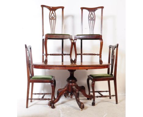 A 19th century mahogany and burr walnut top breakfast dining table having base carved with acanthus leaves, accompanied by a 