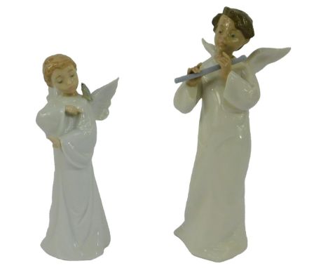 Two Nao porcelain figures, modelled as angels, one playing the flute, 25cm high and 19cm high, one boxed. 