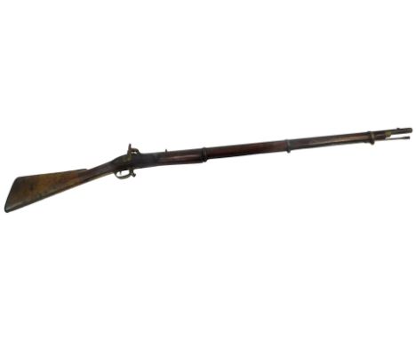 A mid 19thC percussion hammer military rifle, numbered to barrel IPR-EXR21352 (?), with ramrod, 138cm long. 
