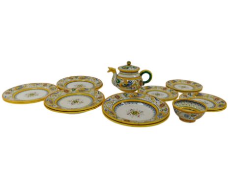 A S Volpi Deruta tin glazed part tea and dinner service, comprising a teapot, 16cm high, sugar bowl, eight dinner plates, and