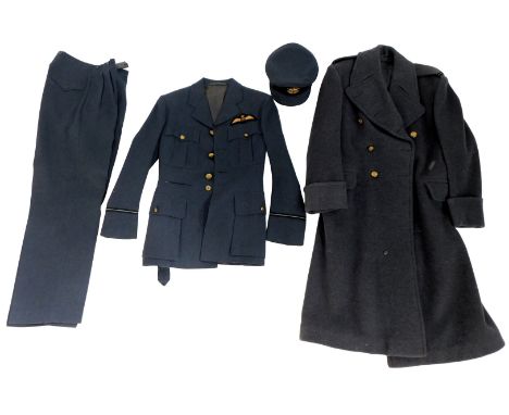 An RAF blue wool overcoat, together with jacket, trousers and hat. 