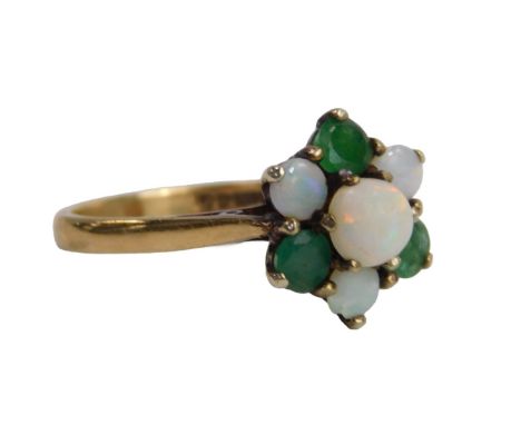 A 9ct gold opal and sapphire flower head ring, basket set, size M½, 3g all in. 