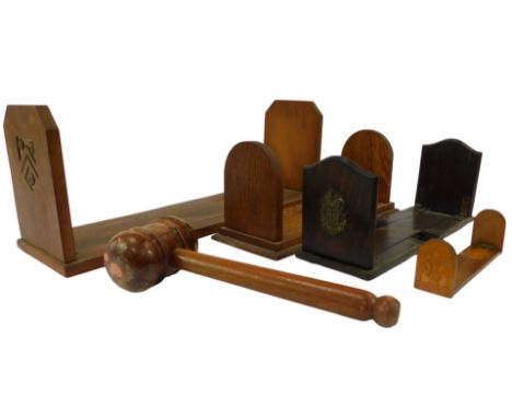 A group of treen, to include oak book slide with a Bath armorial crest to each end, 34cm long, further book slides, a large g