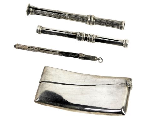An Edward VII silver calling card case, of plain form, Birmingham 1909, 1.05oz, together with three propelling pencils, two w