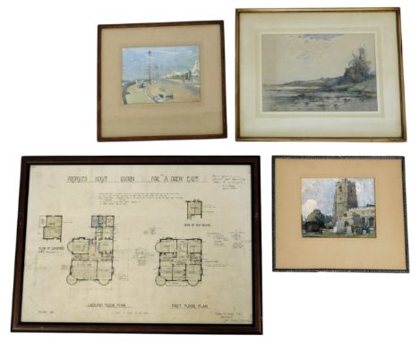 F B Jowett. Coastal landscape, watercolour, signed, 26cm x 34.5cm, together with a plan by Frank H Jones Architect, Greyfriar