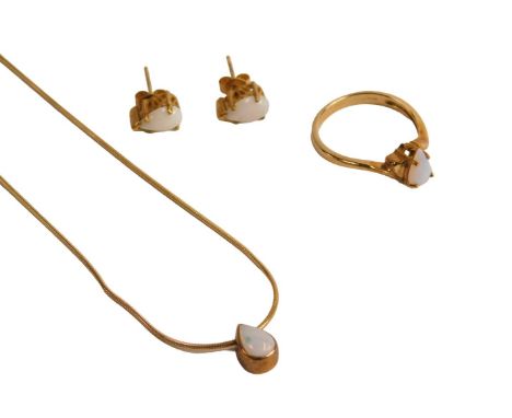 A Gems TV suite of 9ct gold and opal jewellery, comprising a ring, size N, pair of stud earrings, and a necklace, each set wi