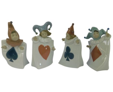 Four Nao porcelain figures, modelled as The Ace of Spades, Diamonds, Hearts and Jacks, 19cm high, each boxed. 