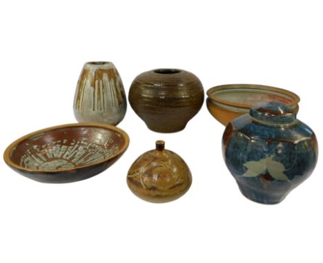 A group of studio pottery, to include a blue glaze jar and cover, with turquoise scale decoration, etc., 21cm high, a vase of