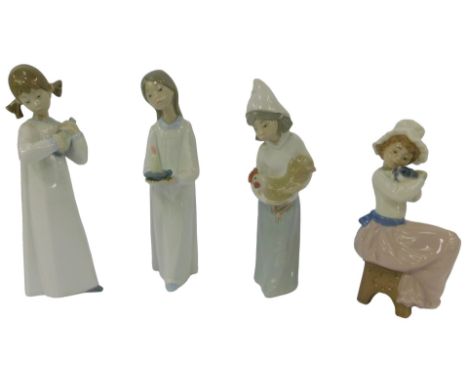 Three Lladro porcelain figures, each wearing a nightgown, one holding a chamberstick, 13cm high, another holding a cockerel, 
