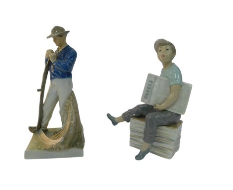 A Royal Copenhagen porcelain figure, modelled as a farmworker holding a scythe, number 685, printed marks, 25cm high, togethe