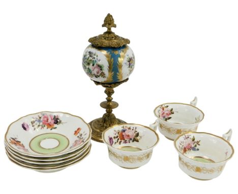 A Continental gilt metal and porcelain pot pourri jar and cover, painted with flowers, etc, and a 19thC floral painted part t