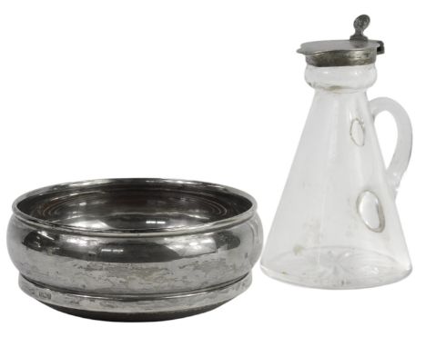 A George V glass whisky noggin, with a silver lid, Birmingham 1919, 10cm high, together with an Elizabeth II silver wine coas