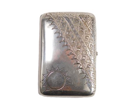 A Russian white metal cigarette case, the lid engraved with a sun motif and repeat diamond lappet decoration, marked to inter