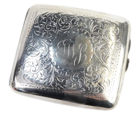 A George V silver cigarette case, with chased decoration of scrolls and leaves, initialled J W B, Victory Plate Manufacturing
