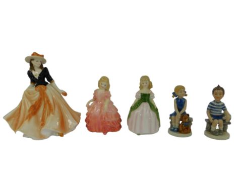 A group of porcelain figures, comprising a Royal Worcester Le Petit Caroline figure, a Royal Doulton figure modelled as Penny