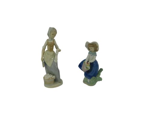 A Lladro porcelain figure, modelled as a girl holding a basket of flowers, 19cm high, together with a Nao figure modelled as 