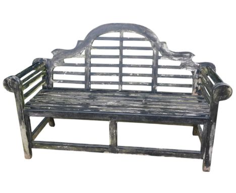 A black stained Lutyens garden bench, 158cm wide. 