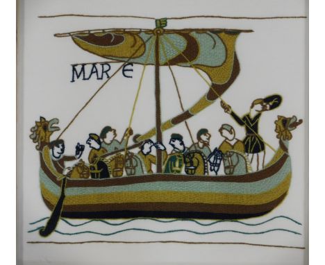 A tapestry depicting a scene from the Bayeaux Tapestry, figures in a masted longboat, 42cm x 43cm.