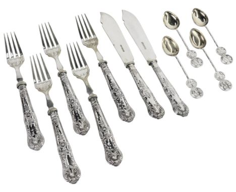 A group of small silver, comprising five George V silver handled fish forks, with two matching knives, and four Chinese white