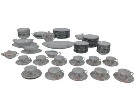 A Noritake porcelain Rosemarie pattern part tea and dinner service, comprising twelve dinner plates, twelve small bowls, twel