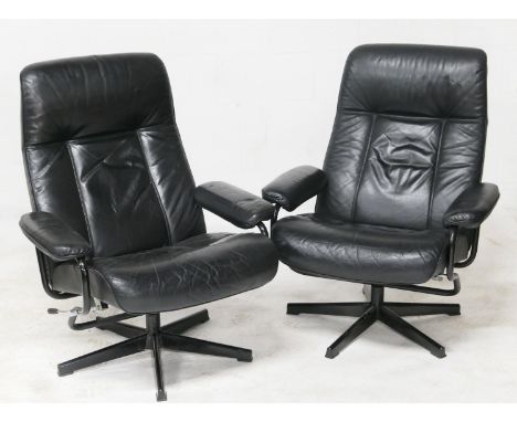 Pair of vintage Soderberg (Sweden) black leather upholstered reclining swivel armchairs, circa 1980s, width 76cm, height 96cm